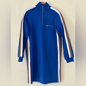 Tory Burch Knit Quarter Zip Dress Blue/White/Tan size Small